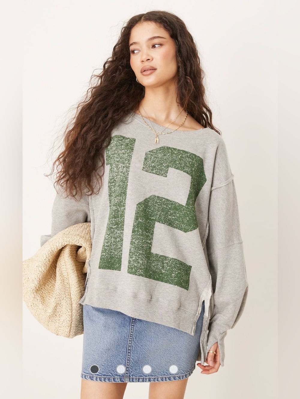 Gray Sweatshirt with Green '12' Graphic - Women's Sweater